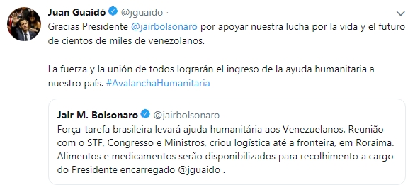 Brasil enviará ajuda humanitária para a Venezuela - Juan Guaidó