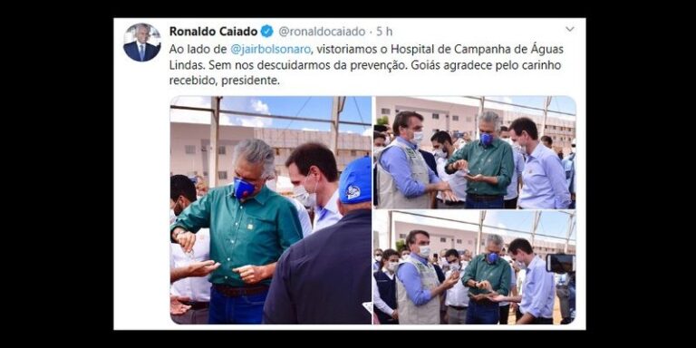 Caiado e Bolsonaro higienizam as mãos para prevenir a COVID-19, usando máscaras
