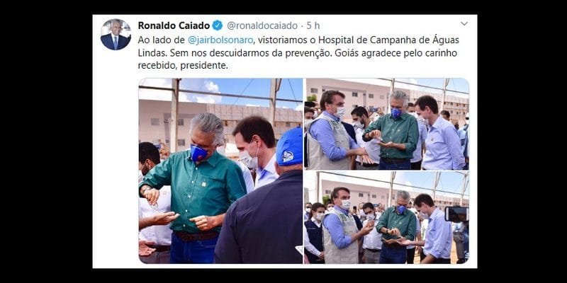 Caiado e Bolsonaro higienizam as mãos para prevenir a COVID-19, usando máscaras