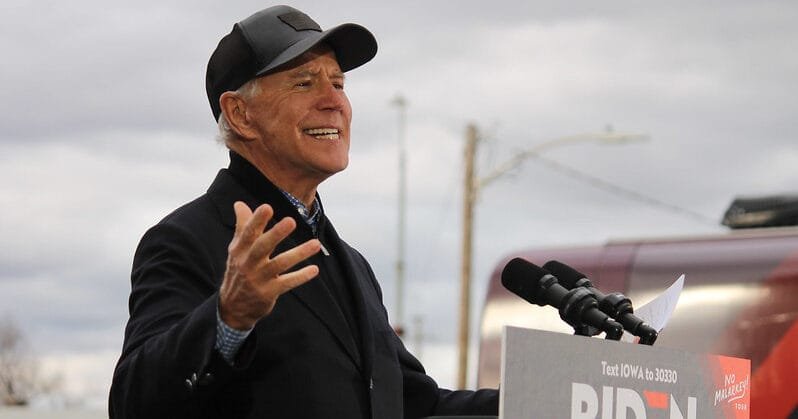 Joe BIden speaks at a rally outside his campaign office in Council Bluffs, Iowa.