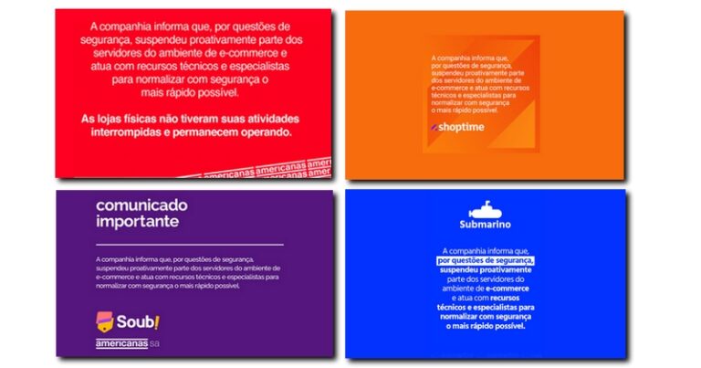 americanas, shoptime, soubarato e submarino fora do ar