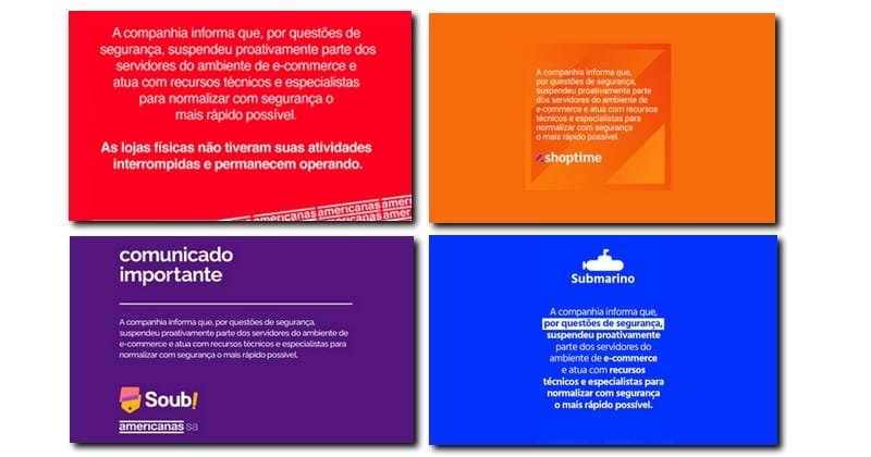 americanas, shoptime, soubarato e submarino fora do ar