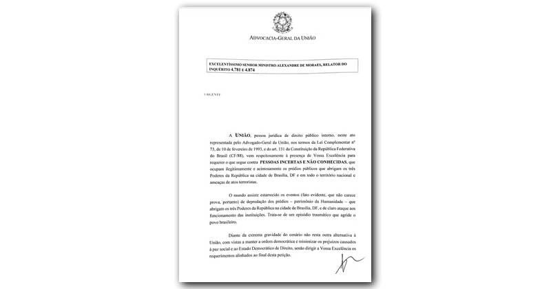 AGU envia ao STF uma série de pedidos em resposta aos atos criminosos deste domingo
