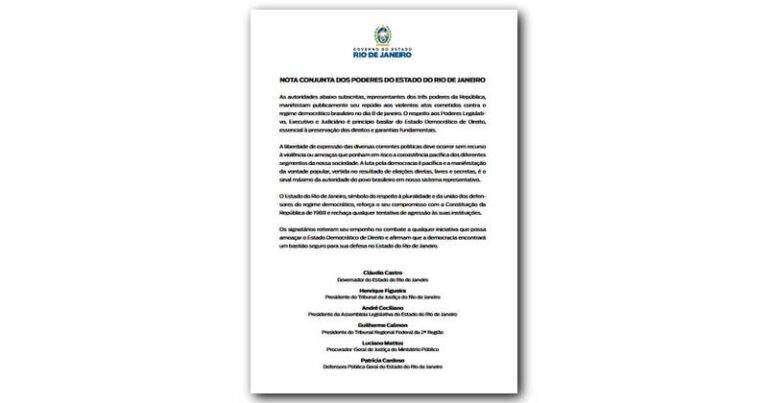 NOTA CONJUNTA DOS PODERES DO ESTADO DO RIO DE JANEIRO