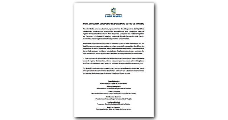 NOTA CONJUNTA DOS PODERES DO ESTADO DO RIO DE JANEIRO