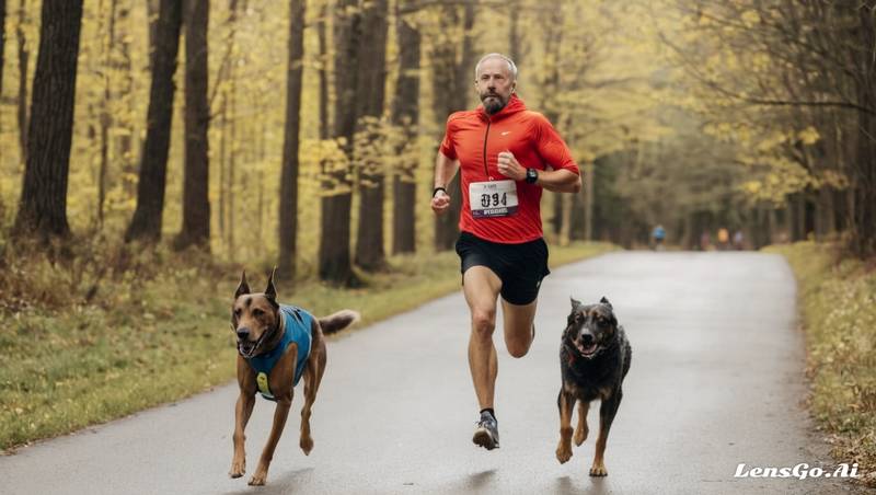 homem correndo com cachorros correndo ao seu lado maratona corrida
