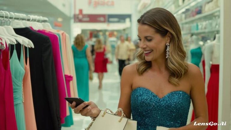 mulher comprando em loja de roupas, com celular na mão compras shopping
