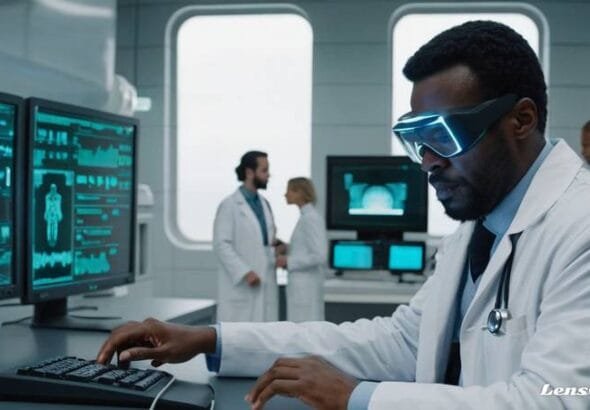 médico usando computador futurista monitor sinais vitais