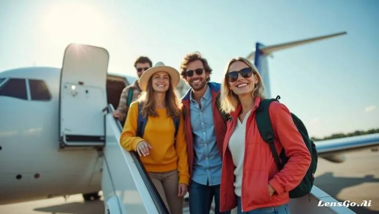 Turistas desembarcando de avião