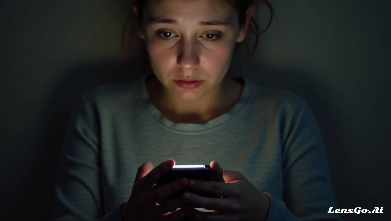 mulher preocupada triste olhando para a tela do celular com medo