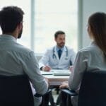 Casal, mulher acompanhada do marido, em consulta médica com médico