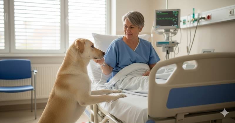 cachorro visitando sua humana no hospital