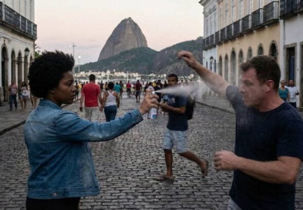 mulher usando spray de defesa pessoal aerossol