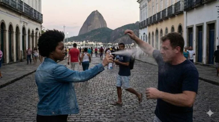 mulher usando spray de defesa pessoal aerossol