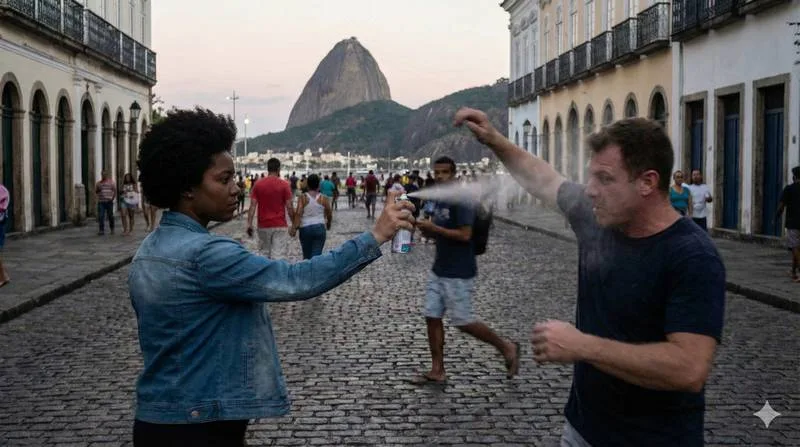 mulher usando spray de defesa pessoal aerossol