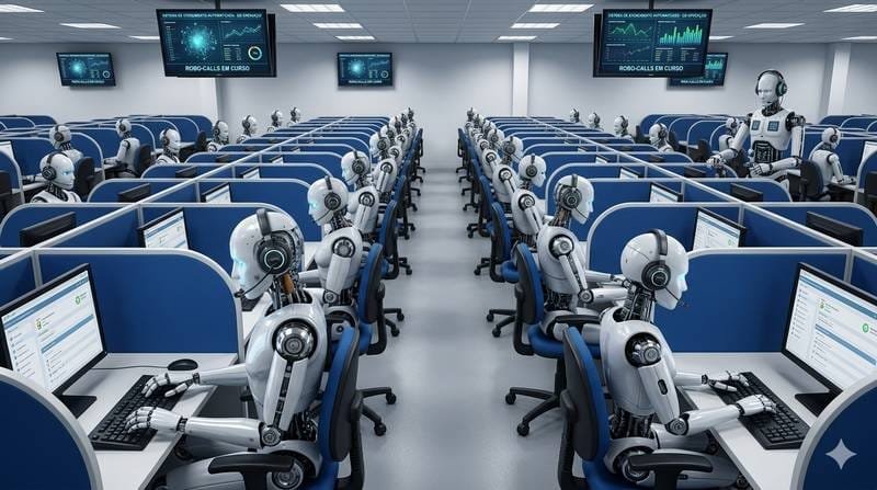 central de telemarketing com robôs trabalhando