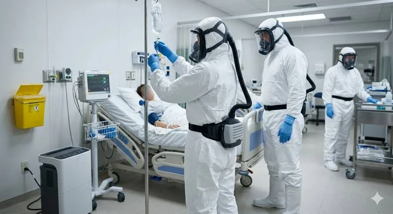 profissionais de saúde vestindo EPI em isolamento hospitalar (vírus, epidemia, surto, pandemia)