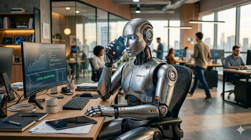 robô trabalhando em escritório com humanos