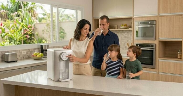família na cozinha bebendo água